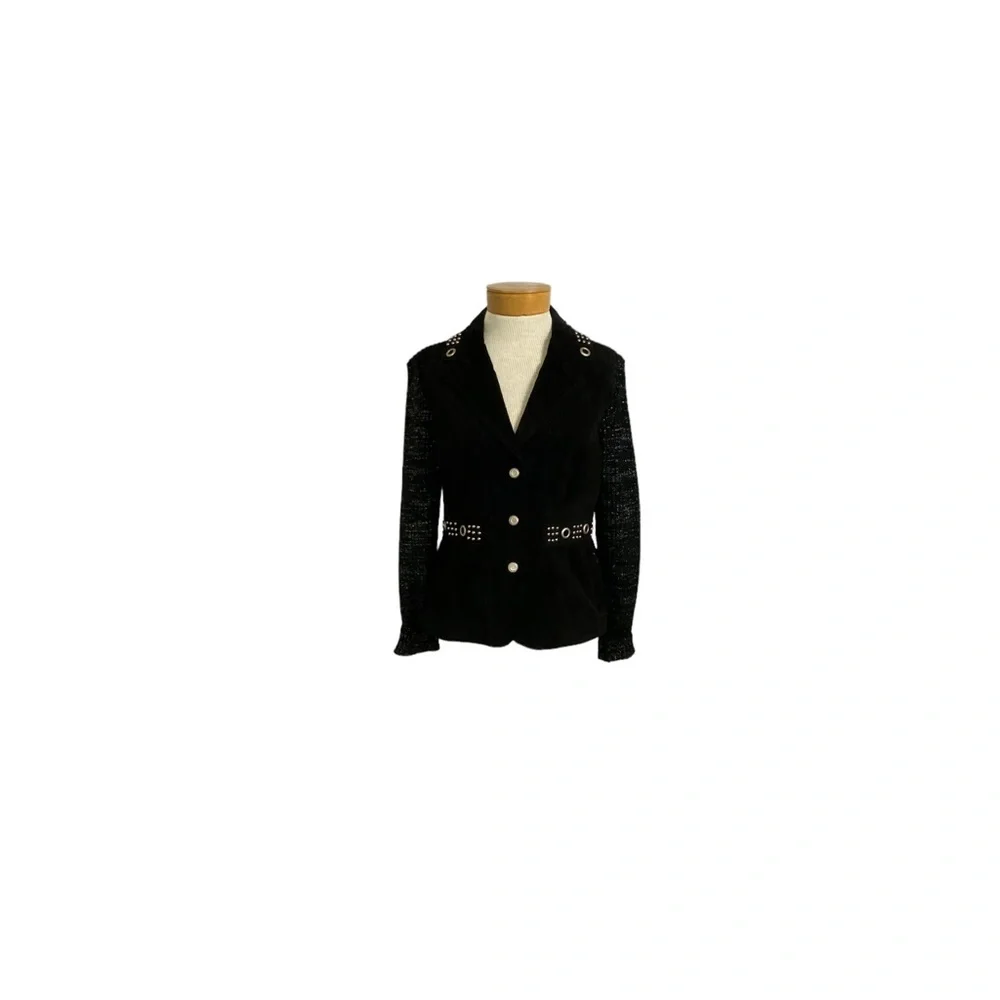 AMI Suede Leather Sweater Biker Jacket Blazer Black Silver Accents Med._4